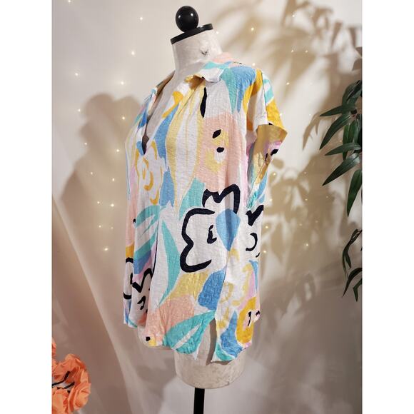 Rachel Zoe Womens 100% Linen Split Neck Short Sleeve Top Size XL Artsy Abstract - Picture 2 of 9